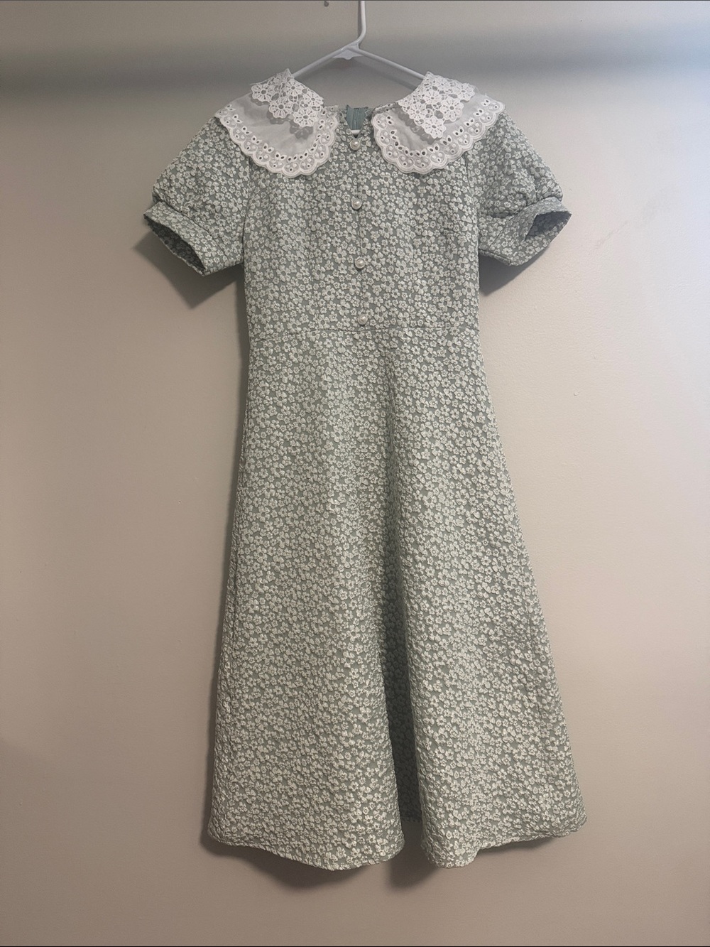Sage Green Floral Midi Dress Eyelet Lace Collar Puff Sleeve Cottage core size S